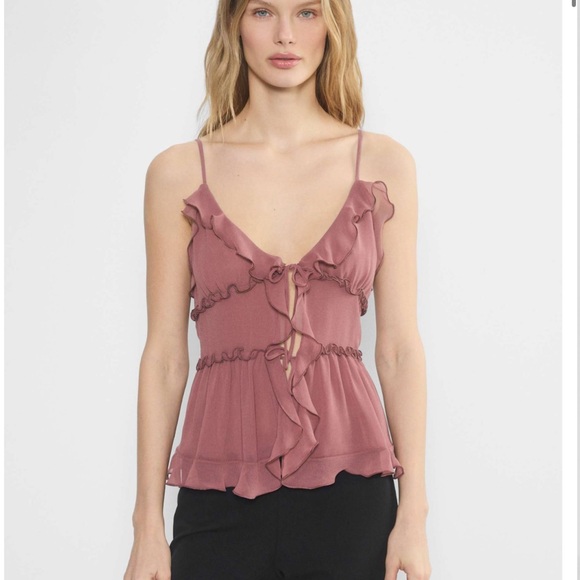 Aritzia Wilfred Amore Cami NWT Dusty Rose Ruffle Tie-Front Chiffon Tank - Picture 3 of 13